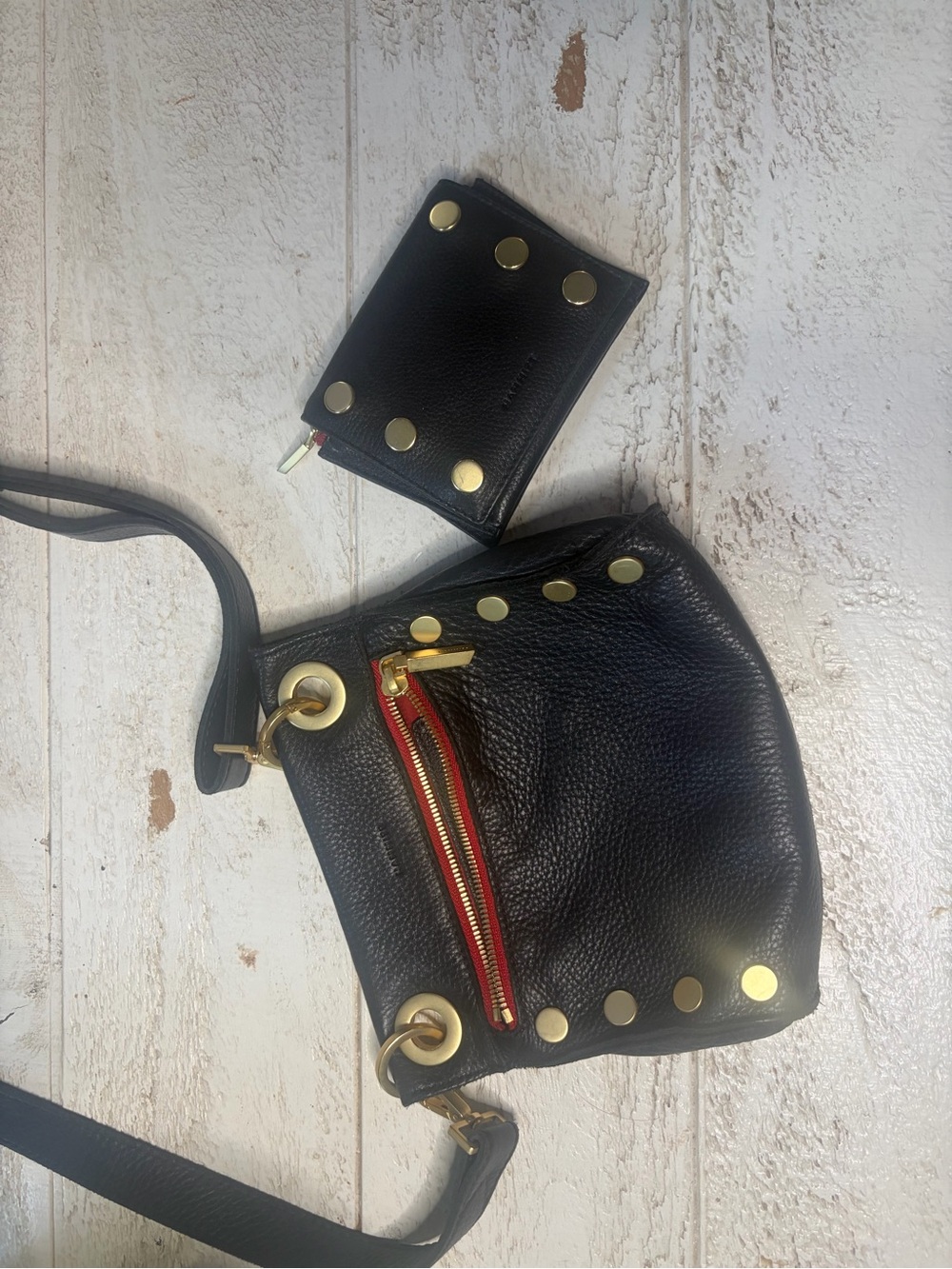 Hammitt Black Leather Crossbody with Red Zip and Gold Studs & matching wallet
